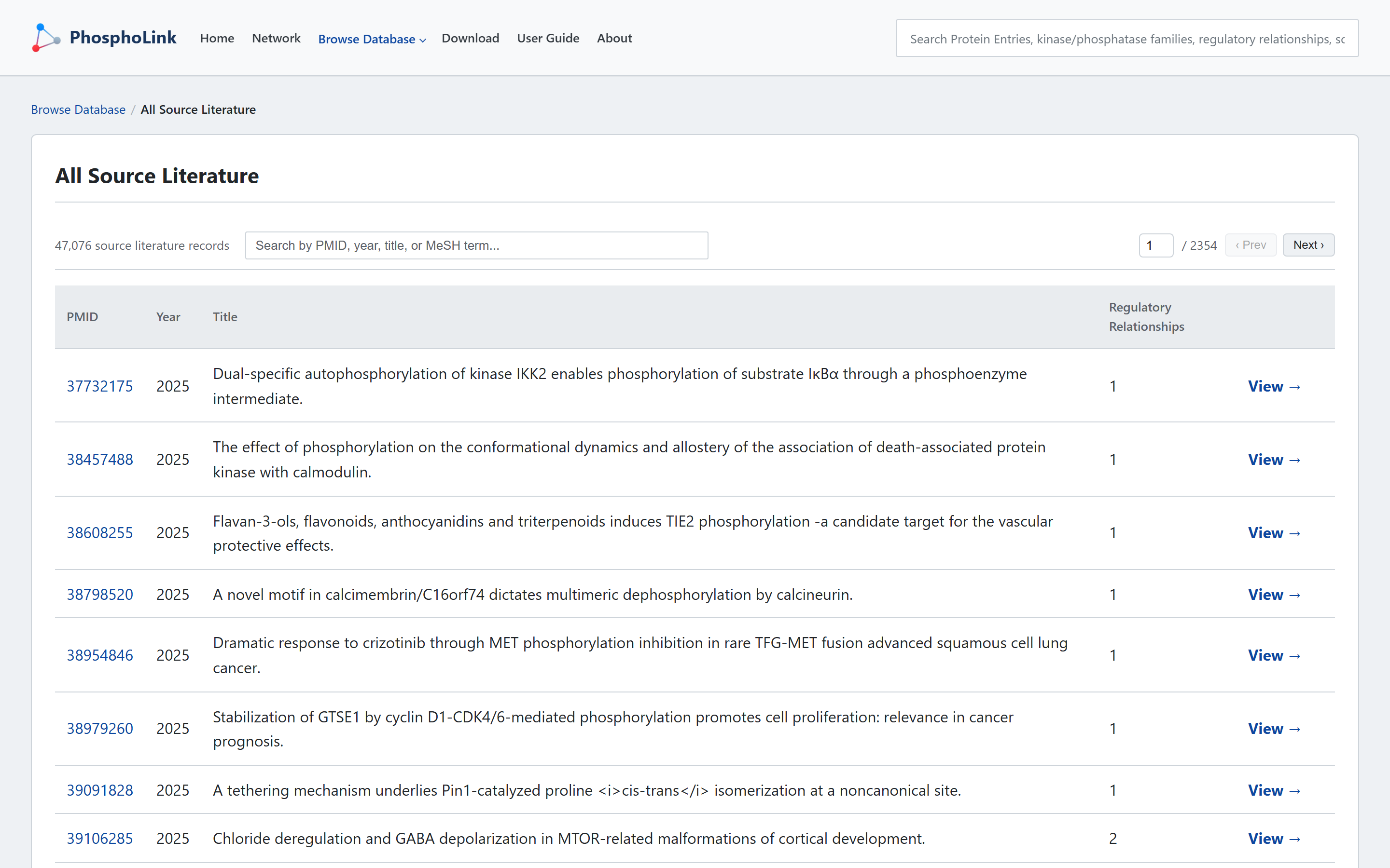 Literature list in Browse Database